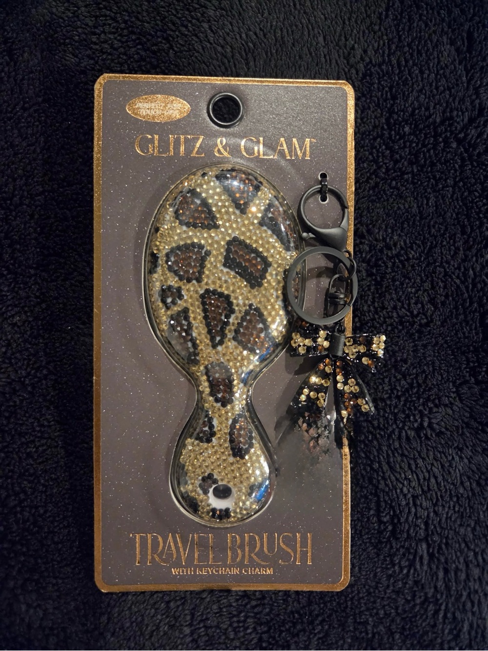 Glitz & Glamour Leopard glitter travel hair brush with bow keychain charm
